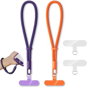 KITANIS 2 Pack Phone Lanyard,2Hand Wrist Strap,4Tether Tabs,Universal Cell Phone Multifuctional Patch Polyester Lanyards,Cell Phone Hand Strap for Women and Men(Purple,Orange)