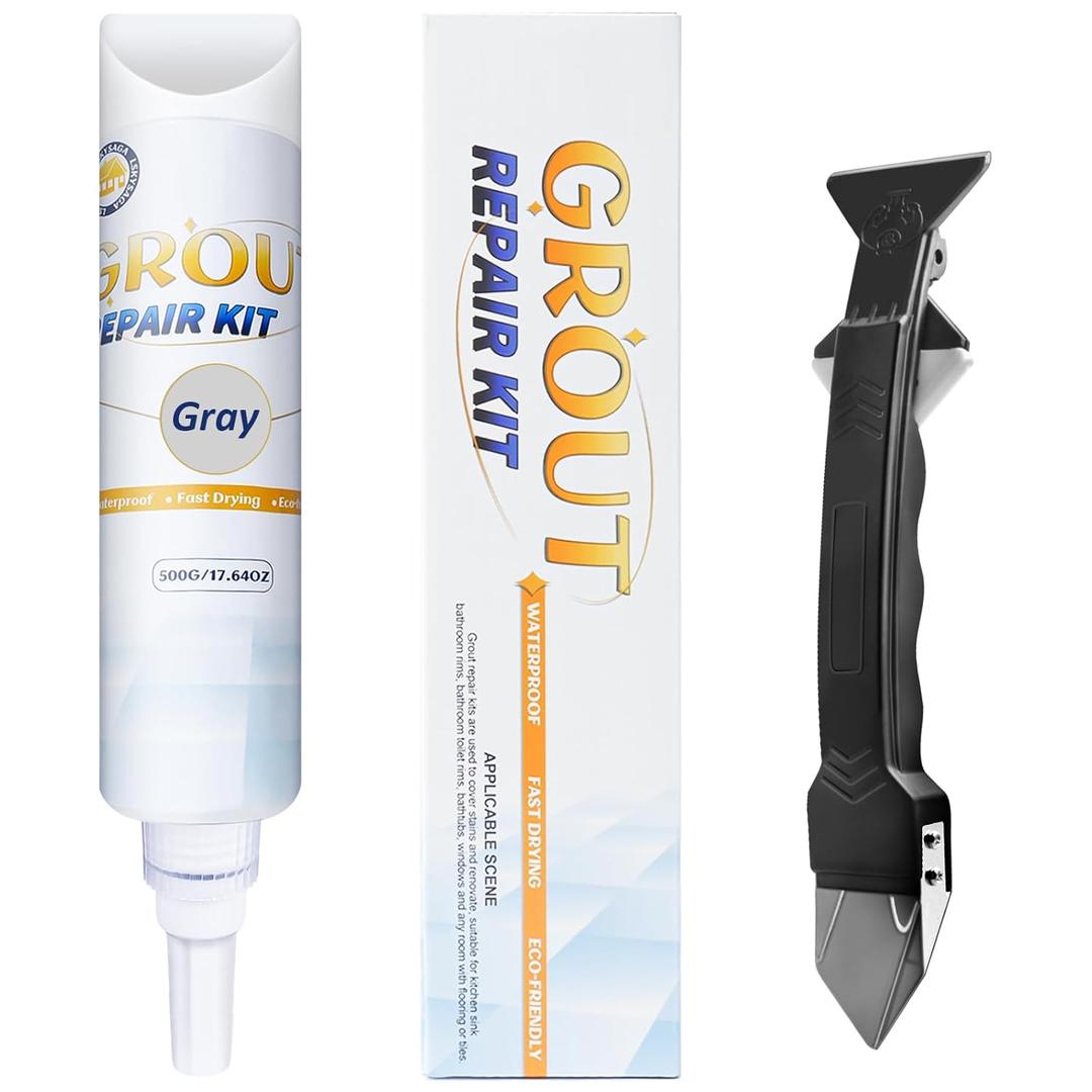 Tile Grout Repair Kit - Grout Filler, Grout Repair Paste with Silicone Trowel Scraper, Fast Drying Grout Repair Kit for Bathroom Shower Kitchen Floor Tile, Waterproof (17.64 oz, Gray)
