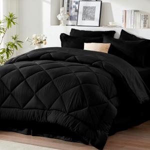 Newspin King Bed in a Bag 8 Pieces Comforter Set, Black All Season Bed Set, King Bedding Sets with Comforter and Sheets, Pillow Shams, Flat Sheet, Fitted Sheet, Pillowcases and Bed Skirt