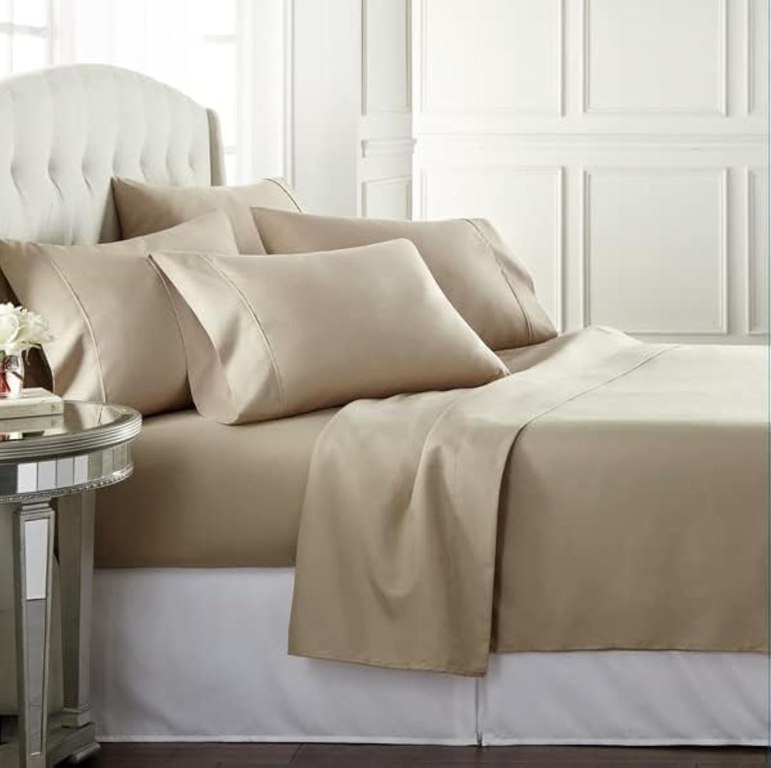 Danjor Linens Bed Sheet Set Queen Size for Hot Sleepers, Hotel Premium Sheets with 4 Pillowcases, Lightweight Brushed Microfiber Deep Pockets, Breathable Cooling 6 Piece Bedding Sets, Taupe