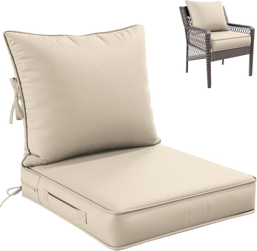 Premium Outdoor Seat Cushion Chair Cushions for Patio Furniture 22 L X 24 W X 4 H Waterproof & Fade Resistant Deep Seat and Backrest Cushion Set with Removable Covers for Chair, Sofa (Cream)
