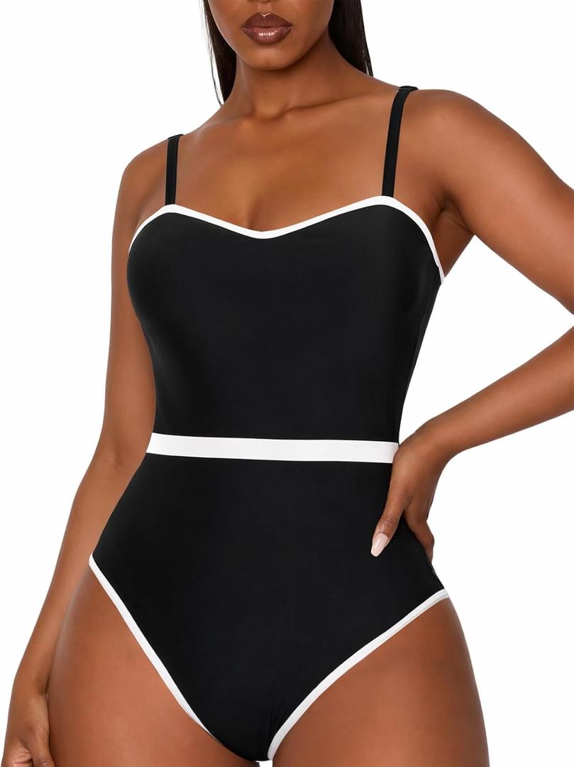 Vintage One Piece Swimsuit for Women Tummy Control Black (L)