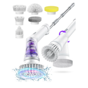 Electric Spin Scrubber, Cordless Shower Scrubber Rotary Floor Brushes & Pad Drivers with 6 Brush Heads - 2H Dual Speed, IPX7 Waterproof Extension Handle for Bathroom Tile Car Cleaning (White)