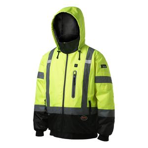 Pioneer Hi Vis Waterproof Heated Safety Bomber Jacket - Class 3 Winter Rain Gear for Men - Reflective Tape - Detachable Hood (XX-Large, Hi-vis Yellow)