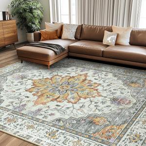 RELEANY Area Rugs 8'x10' Washable Non-Slip, Floral Vintage Distress Print Pattern Medallion Carpet for Living Room Bedroom Dining Room, Light Yellow Carbon Grey Orange