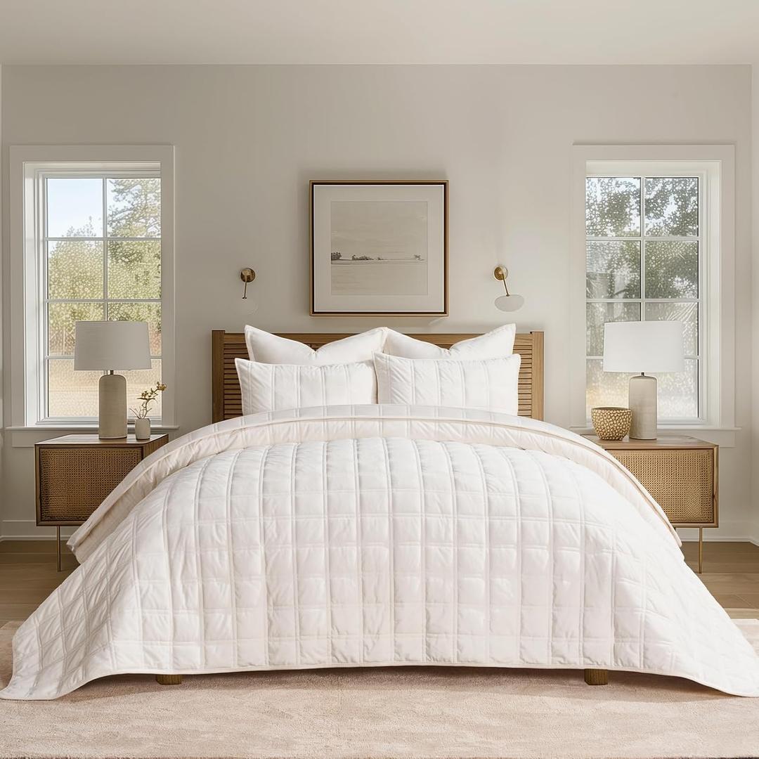 EVERGRACE 3 Pieces Luxurious Velvet Quilt King Size, Ultra Soft Bedspread Coverlet Set, Double Box Stitch Lightweight Velvet Comforter for All Season with 2 Shams, Cream White, 108"x96"