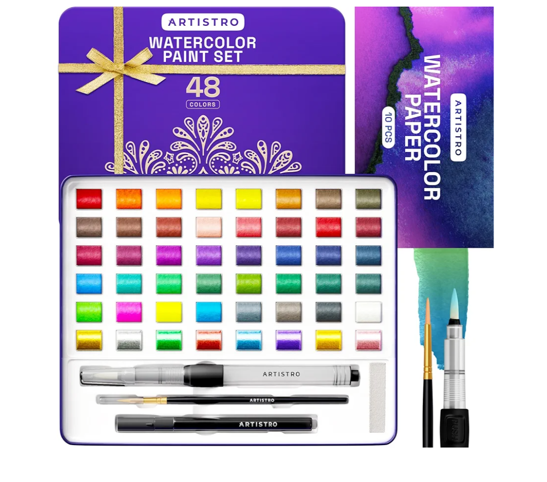 ARTISTRO Watercolor Paint Set – 48 Vivid Colors in Portable Box, Including Metallic & Fluorescent Shades – Travel Art Kit for Artists, Hobbyists & Painting Lovers (Premium Home)
