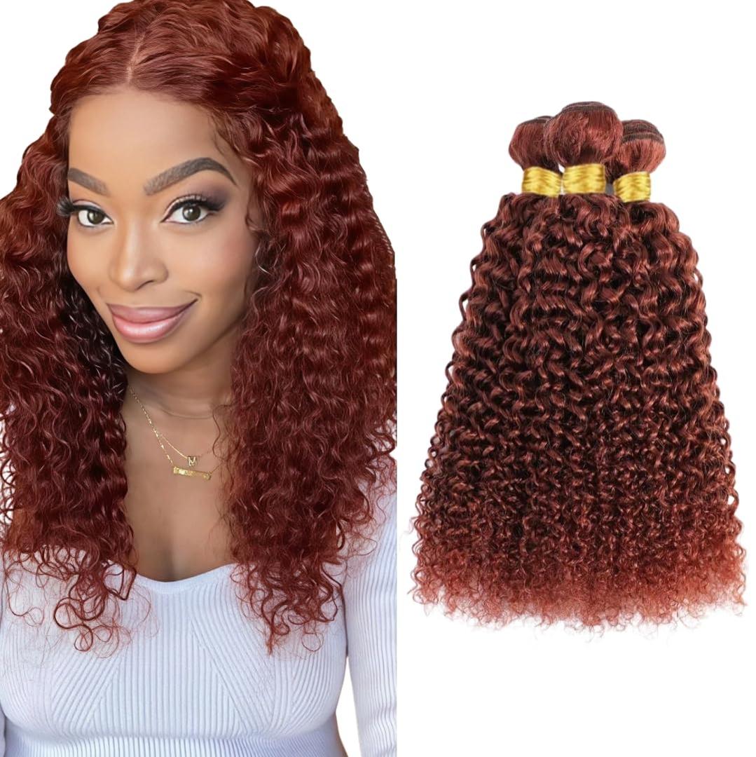 Reddish Brown Bundles Human Hair Copper Curly Hair Extensions Copper Brown Kinky Curly Bundles Double Weft For Women 10 12 14 Inch