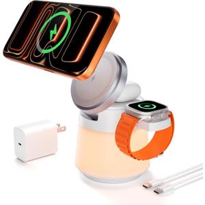Wireless Charger 3 in 1, Magnetic Wireless Charger Stand with Night Light, 360 Rotation Portable Travel Charging Station Multiple Devices for iPhone 17/16/15/14/13/12, Apple Watch, AirPods Pro 3