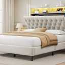 Full Size Bed Frame with Tall Headboard, 53" Velvet Upholstered Full Bed Frame with 3-Tier Storage Headboard and Sleek Vertical LED Light, Charging Station, Sturdy & Easy to Assemble, Cream White