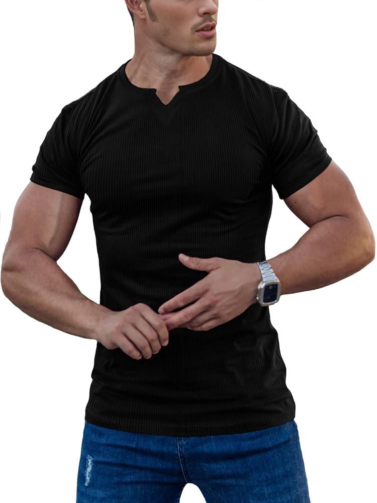Agilelin Men's Muscle Short Sleeve Shirts Slim Fit V Neck T-Shirts (Black, L)