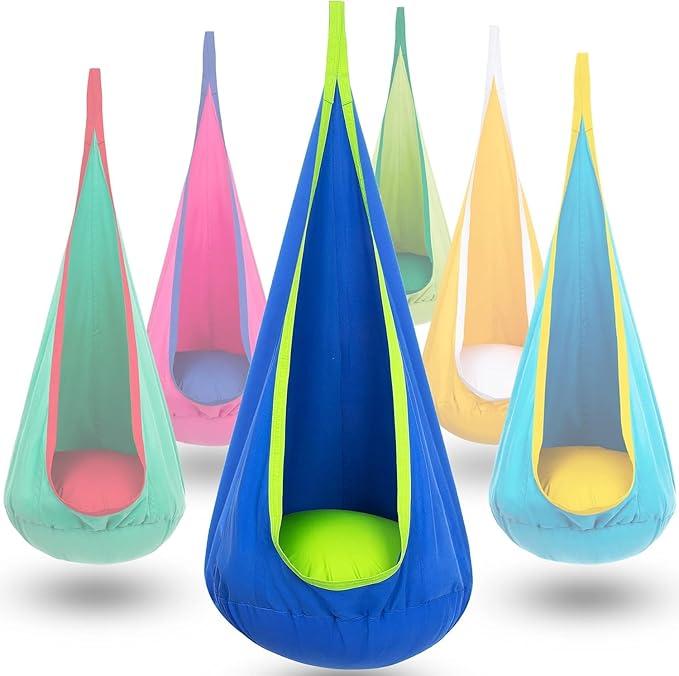 Y- STOP Pod Swing for Kids, Sensory Indoor Hanging Hammock Chair with Inflatable Pillow Sensory Cocoon Pod Swing Seat for Kids with Pocket for Indoor and Outdoor Blue and Green