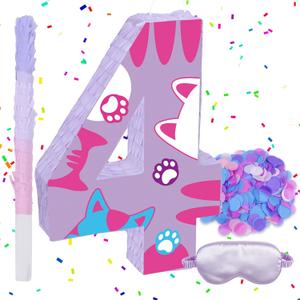Cat Number 4 Piata, 15.75" x 11" x 2.76" Kitten Piata Birthday Party Decorations Includes Wooden Stick, Blindfold and Confetti for Cat Theme 4th Birthday Party Supplies