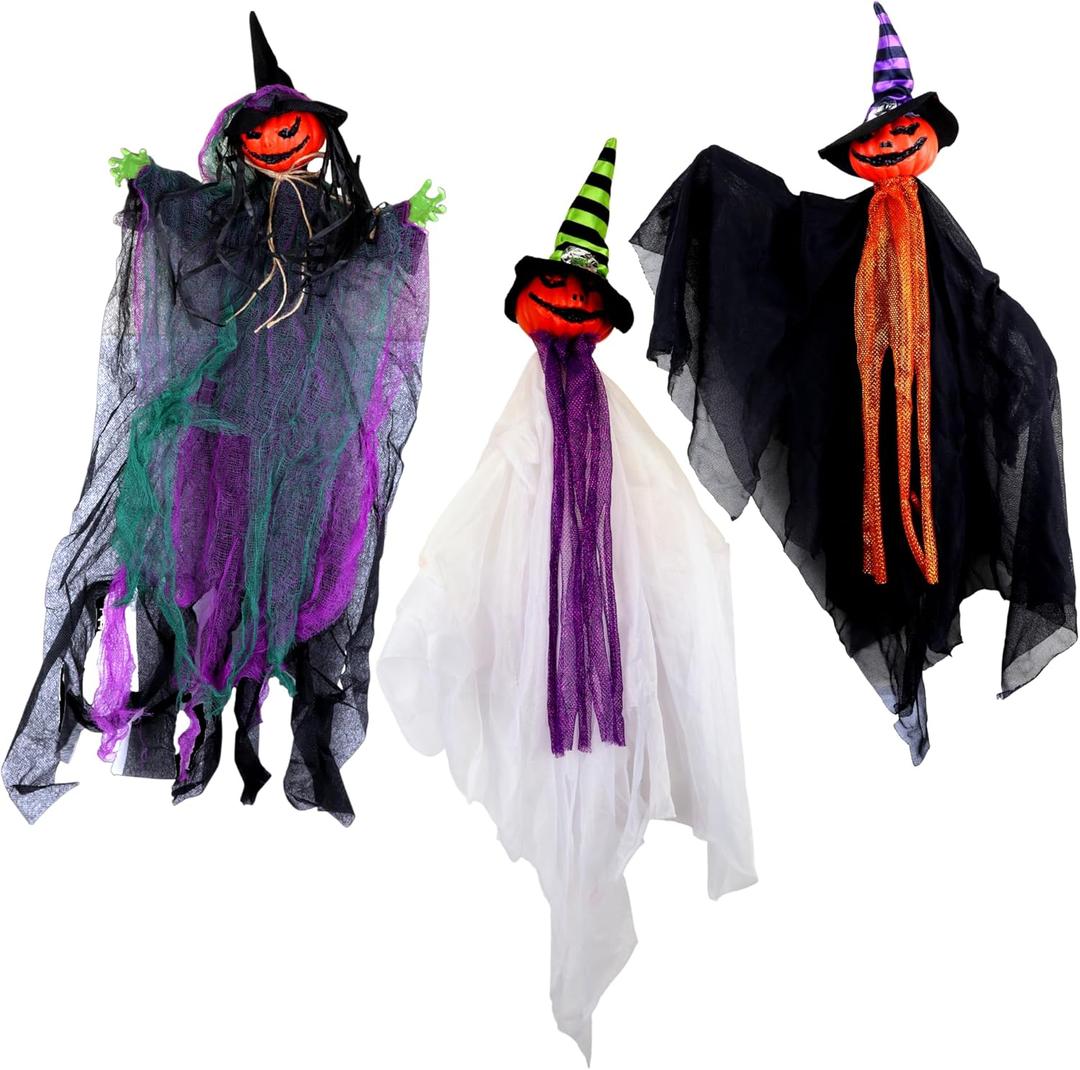 Needzo Haunted House Jack-O-Lantern Faced Ghosts, Halloweeen Spooky Hanging Decor, (Pack of 3)