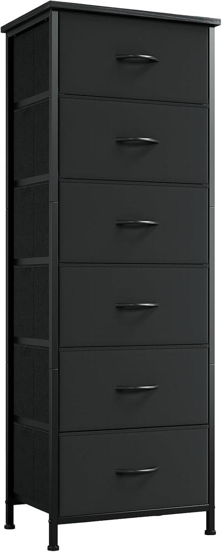 Somdot Tall Dresser for Bedroom with 6 Drawers, Storage Organizer Chest of Drawers with Removable Fabric Bins for Closet Bedside Living Room Laundry Entryway Hallway, Black, 11.8"D x 16.5"W x 45.3"H
