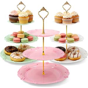 Nexboraque 3 Pack 3 Tier Plastic Cupcake Stand, Dessert Cup Cake Holder Tower Reusable Tiered Serving Tray with Metal Rod Pastry Platter for Wedding, Birthday, Tea Party - White Green Pink