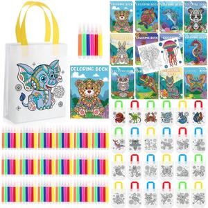 Pasimy 72 Pcs Mandala Animals Coloring Set Include 24 Mandala Animal Coloring Books 24 Color Your Own Gift Bags 24 Sets Markers for Kids DIY Painting Art Birthday Party Favor Classroom Activity Craft