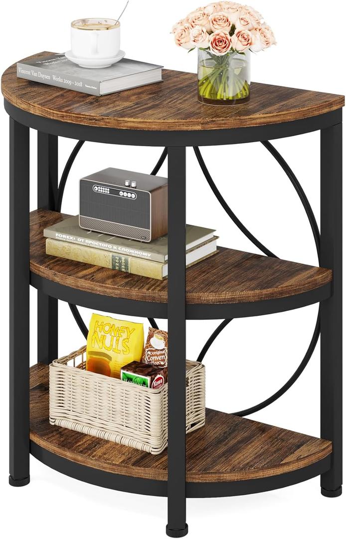 LITTLE TREE Half Round End Table, 3-Tier Narrow Side Table with Metal Frame, Half Circle Table, Half Moon Small Coffee Accent Table Bedside Table for Living Room, Bedroom (23.62 D x 11.81 W x 25.98 H Inch, Rustic Brown (1 Pc))