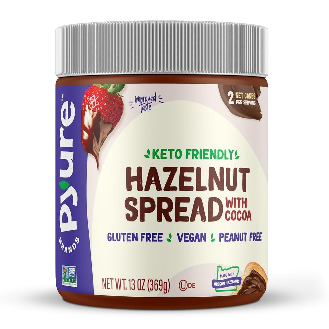 2 x Pyure Keto Hazelnut Chocolate Spread | Sugar-Free, Low Carb, Vegan Nutella Alternative | 2g Net Carbs, Gluten-Free, Peanut-Free, Plant-Based, Non-GMO, Keto Snack, Vegan Sweets | 13 oz Jar