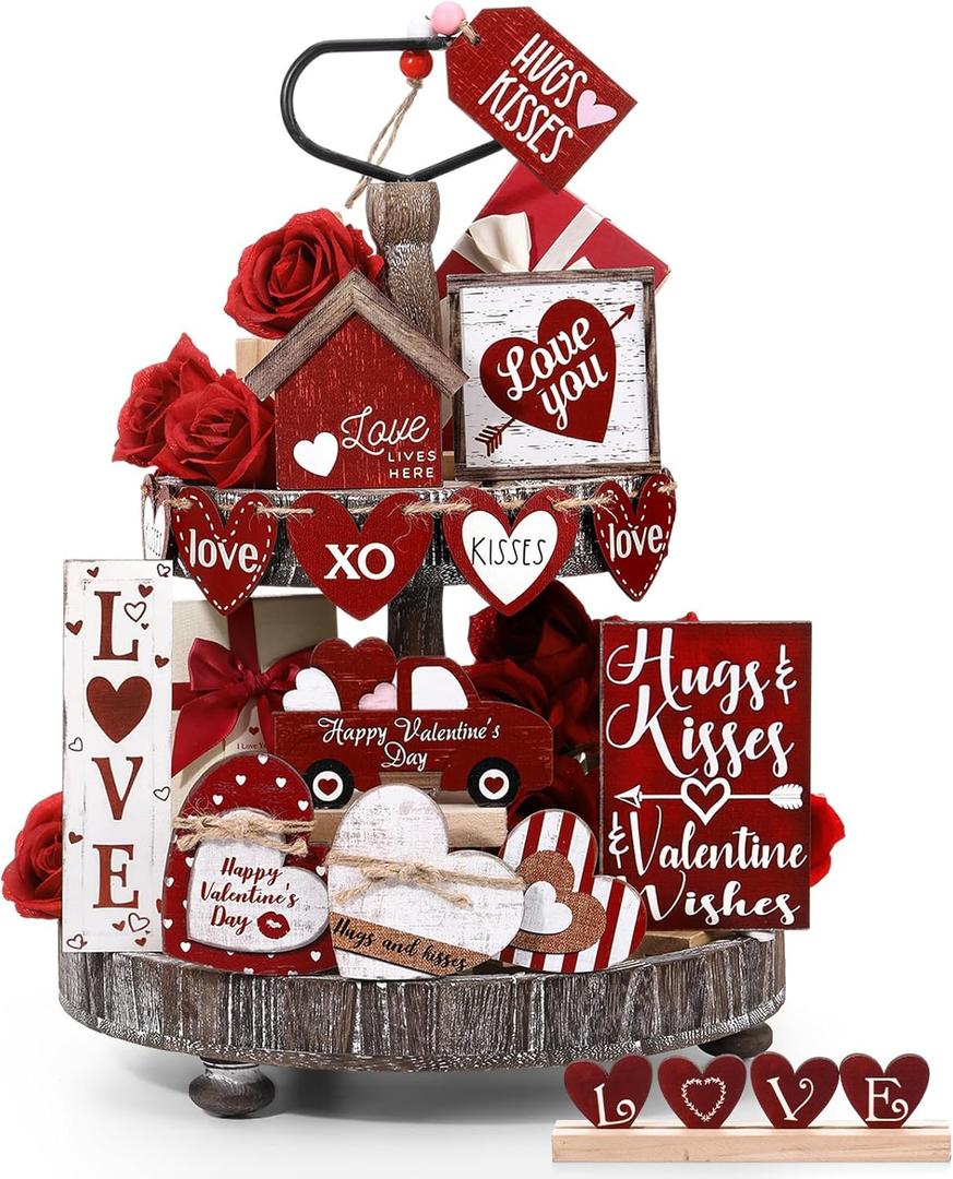 Marsui 19 Pcs Bold Rustic Valentine's Day Tiered Tray Decor Set, Farmhouse Red Heart Wood Signs with Love Xo Signs, Rustic Valentines Table Decor for Home Kitchen Living Room