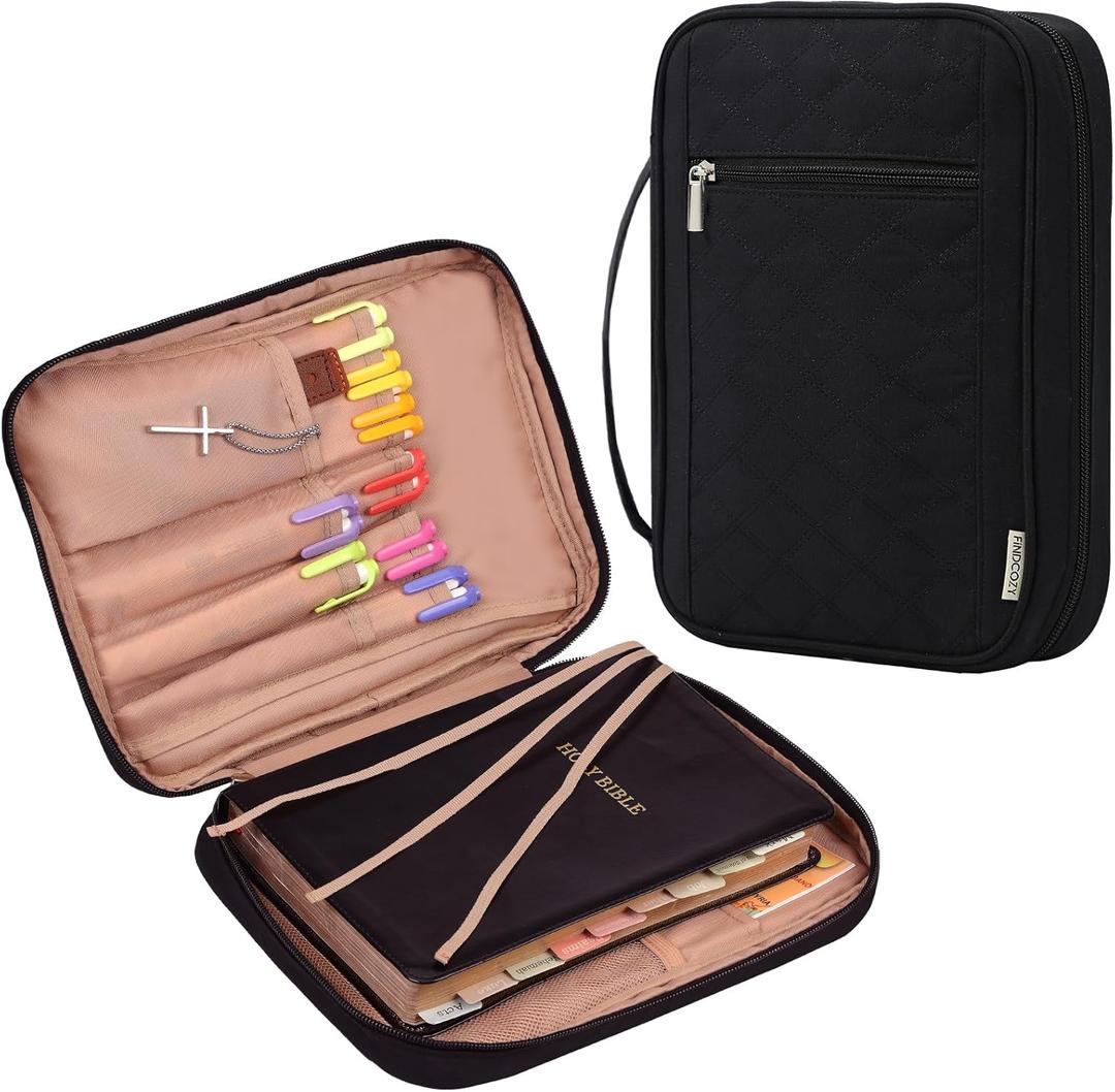 FINDCOZY Bible Cover for Women, Durable Carrying Book Case Church Bag for Biblical Accessories with Handle and Zippered Pocket, for Scriptures, Black (Medium)