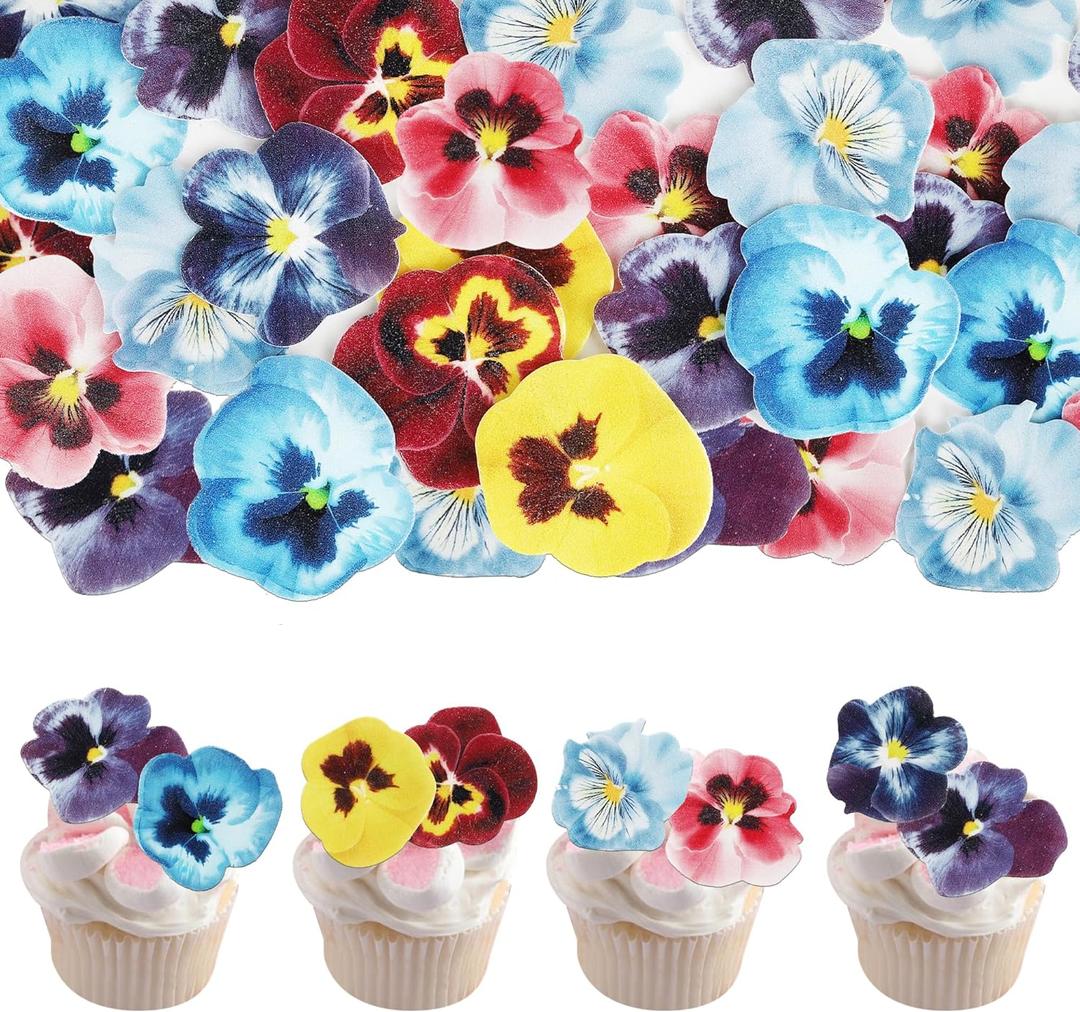 60 PCS Edible Flowers Cupcake Toppers Edible Spring Bridal Engagement Pansies Cake Decorations Wafer Paper Flowers Cupcake Picks for Baby Shower Kids Birthday Party Cake Food Decorations Supplies (Design 3)