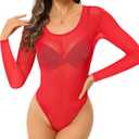 Womens Mesh Bodysuit Long Sleeve Top Crew Neck Sheer T Shirt Body Suit Leotard Blouse (Large)