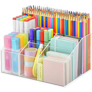 VITVITI Acrylic Pen Holder, Clear Desk Organizer, Pen Organizer for Desk, 7 Compartments Pencil Holder, Desktop Stationery Organizer for Office Storage/School/Home/Art Supplies