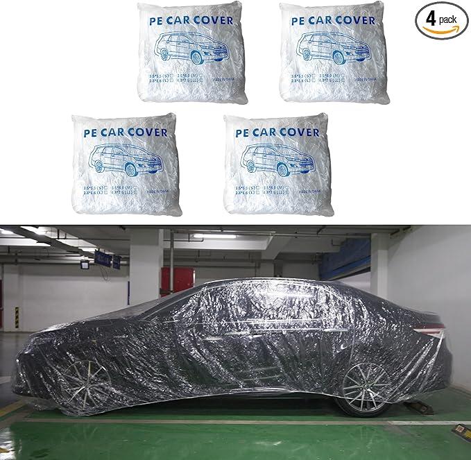 4 Pack Universal Disposable Car Covers Waterproof Plastic Car Cover for Automobiles Universal Vehicle Cover with Elastic Band for Sedan Outdoor Snow Rain Weather, (Size XL 4Pack)