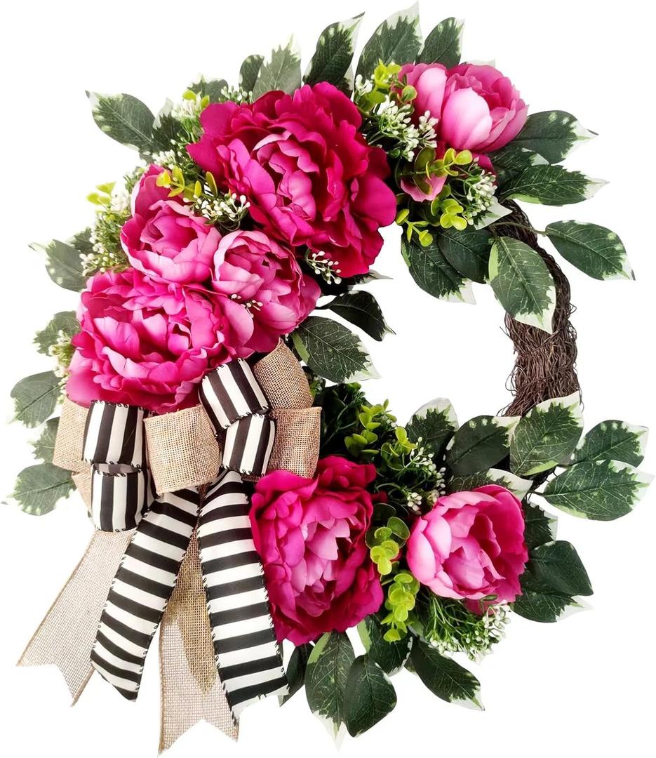 Spring Summer Wreath for Front Door, Hot Pink Peony Door Wreath, Farmhouse Kitchen Wall Decor, Housewarming Gift, Wedding Door Decoration, Farmhouse Porch Decor, 20 inch, VOF24A