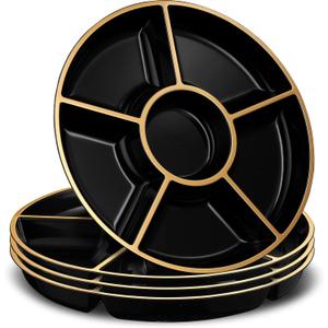 Plasticpro 6 Sectional Round Plastic Serving Tray/Platters Black & Gold Pack of 4