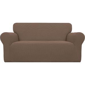 Easy-Going Stretch Loveseat Slipcover 1-Piece Sofa Cover Furniture Protector Couch Soft with Elastic Bottom for Kids Polyester Spandex Jacquard Fabric Small Checks (Loveseat, Brown)