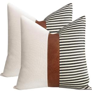 20x20 Pillow Covers Set of 2 Farmhouse Decor Stripe Patchwork Linen Throw Pillow Covers Modern Faux Leather Covers for Couch Sofa,Black