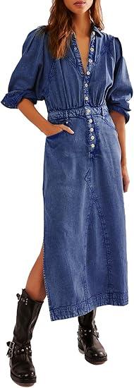 Womens Denim Long Shirt Dress Casual Button Down Jean Dress Collar ALine Flowy Midi with Pocket, M
