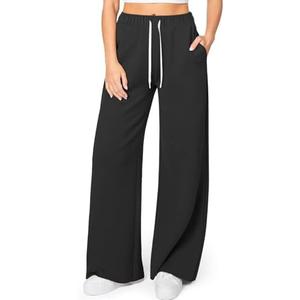 HeSaYep Women's Wide Leg Sweatpants Elastic High Waist Loose Sweat Pants Straight Leg Drawstring Trousers with Pockets (Black, Small)