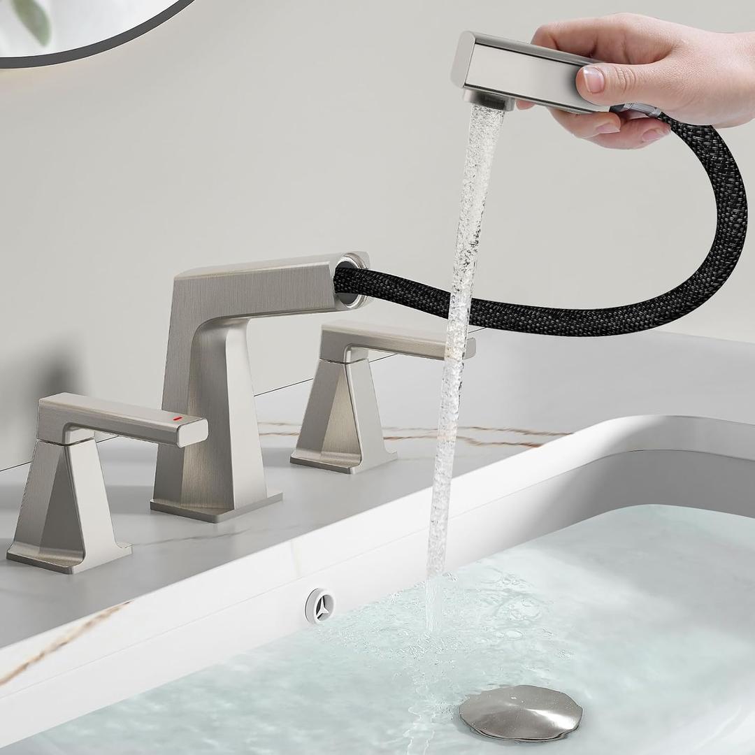MIAOHUI Brushed Nickel Pull Out Bathroom Faucets 3 Hole, 8 Inch Widespread Bathroom Sink Faucet, Double Handle Vanity Faucet for Bathroom Sink, Sink Faucet Bathroom with Pop-up Drain and Supply Lines