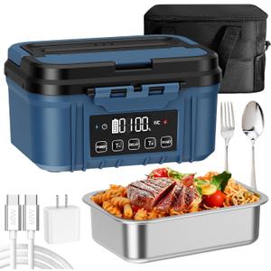 Cordless Electric Lunch Box for Adults  Battery-Powered Heated Lunch Box with 1.2L Stainless Steel Container, Timer Function, and Leak-Proof Food Warmer for Work, Travel & Office(Aqua Blue)