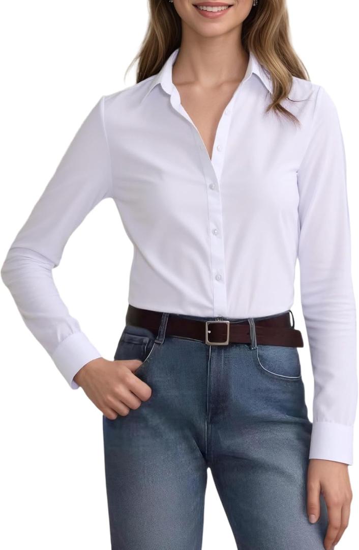 Beninos Women's White Button Down Shirts Elegant Office Dress Shirt Blouse (Large)