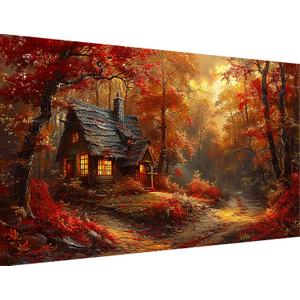 igoodom Large Diamond Art Kits for Adults, Autumn Forest House Large Diamond Painting Kit, Full Drill Round Big Diamond Art Kits, DIY Gem Art and Crafts for Home Wall Decor Gift 27.5 X 15.7inch