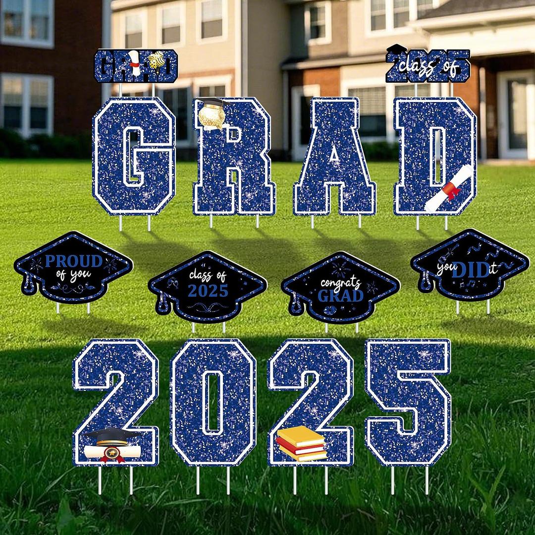 Graduation Decorations Yard Sign, 14 PCS Blue Large Congrats Grad Lawn Stakes, Class of 2025 Yard Signs with Stakes, High School College Bachelor Graduation Party Decoration Supplies (Blue)