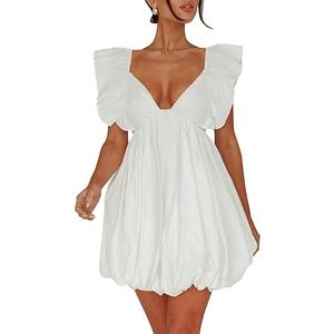hibshaby Summer Mini Dress Deep V-Neck Babydoll Dress Bubble Dress Backless Lace Up Sexy Short Dress, White, Size XS
