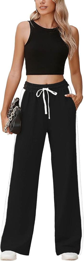 Heymoments Women's Wide Leg Pants add Tops High Waisted Sport Athletic Jogger Running Walking Sweatpant Set (Large)
