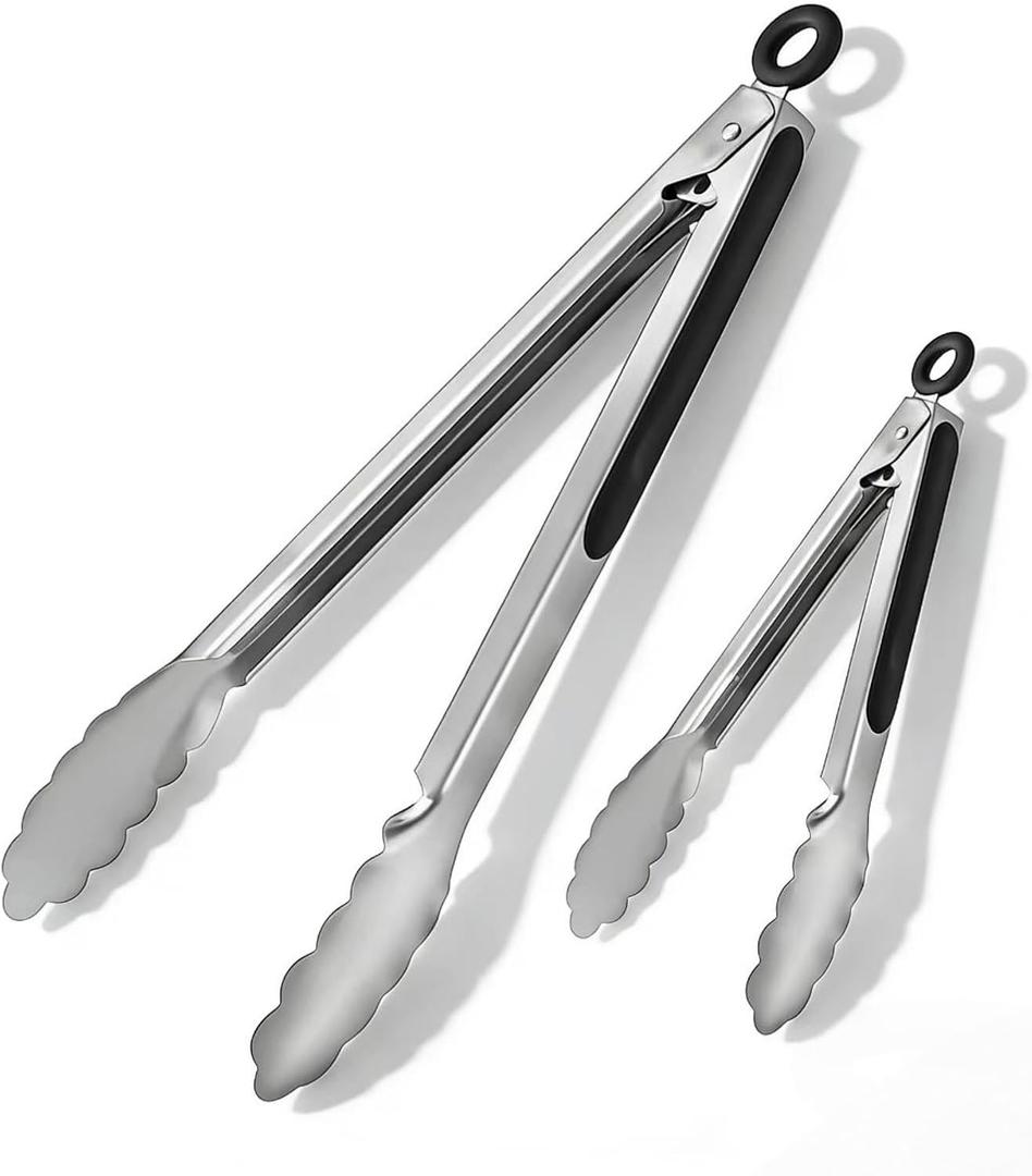 2 x Stainless Steel Grill Tongs Set, 12" & 16" Locking BBQ Tongs, Heat Resistant Metal Food Tongs for Cooking Grilling Buffet & Kitchen
