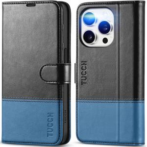 TUCCH Case Wallet for iPhone 15 Pro, Protective [TPU Shockproof Inner Shell], PU Leather [RFID Blocking] [4 Card Holder] Magnetic Kickstand Cover Compatible with iPhone 15 Pro 6.1", Black & Light Blue