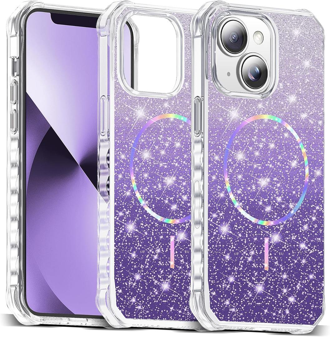 Compatible with iPhone 13 Case & iPhone 14 Case Magnetic Glitter iPhone 13 & 14 Phone Cases 6.1" with Curly Wavy Frame Design [Bling & Cute][Compatible with Mag-Safe],Purple