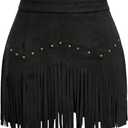 SweatyRocks Women's Suede Fringe Sexy Cowgirl Skirts Country Concert Outfit Western High Waisted Skirt (Large, Black)