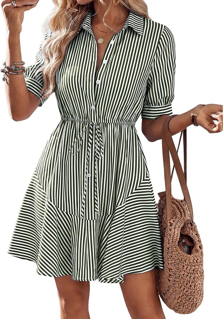 MASCOMODA Womens Puff Short Sleeve Striped Mini Summer Dress Spring Casual V Neck Button Down A Line Short Work Shirt Dresses (Green, M)