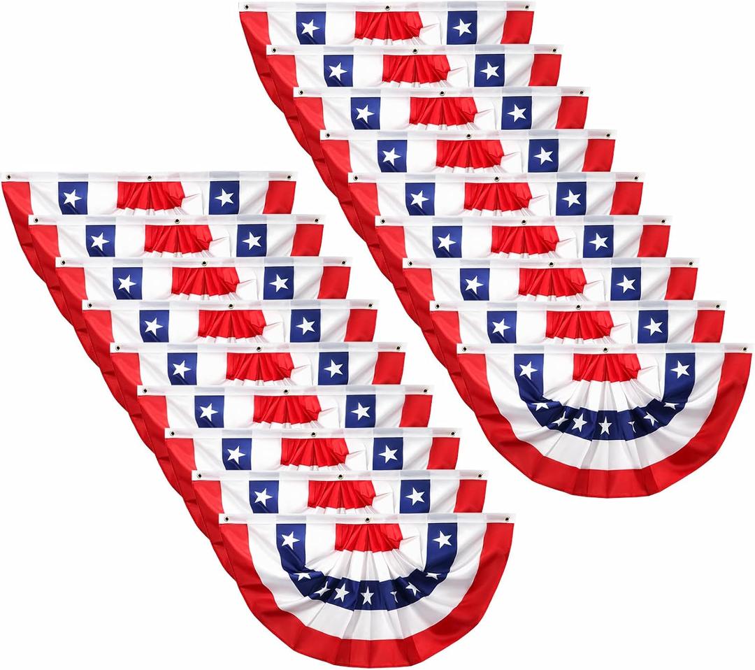 1.5X 3 Ft USA Patriotic Pleated Fan Flags, American Bunting Flag for Outside, Patriotic Half Fan Banner Flag with Brass Grommet for 4th of July Memorial Day Indoor Outdoor Decoration, 18PCS