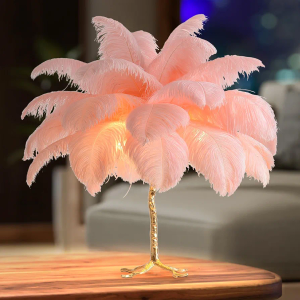 MAYOLA Modern Ostrich Feather Table Lamp with Plug in Wire,3-Light Bedside Floor Lamp for Living Room, Bedroom and Office 24” Tall Feather Desk Lamp (Pink, Table Lamp-Resin)