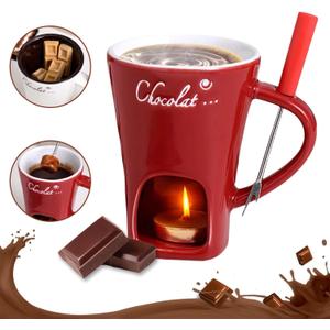 Sweet Fondue Cup for Date Night and More, Chocolate Melting Cup Set with Forks, Perfect as Fondue Mug or Chocolate Fondue Mug - Ideal Gifts for Birthday, Wedding, Mini Simmer Mug (Red)